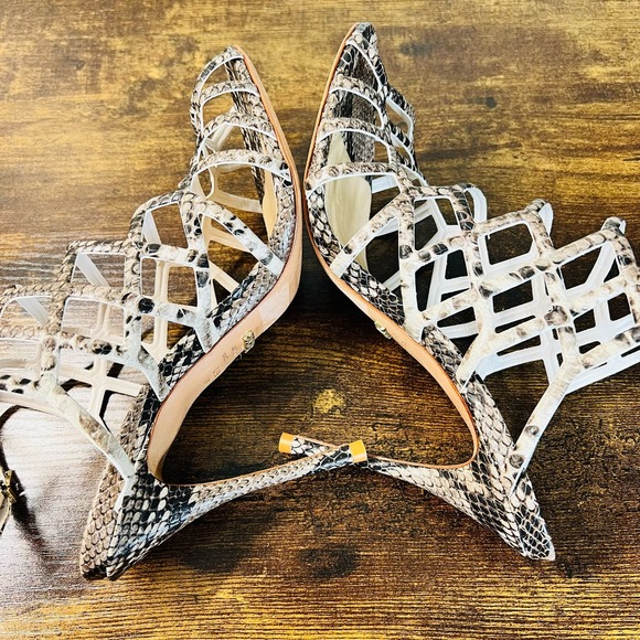Schutz Juliana Caged Sandals 8.5 Leather Snake Open Toe Ankle Stiletto Heels - Picture 5 of 10